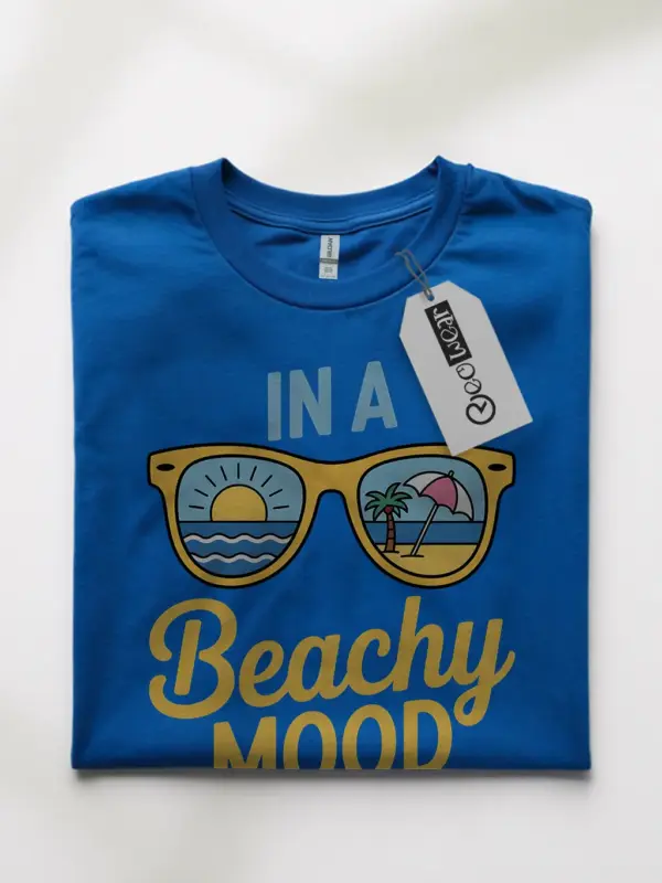 Royal blue front view of beachy mood t-shirt – beach scene shirt with palm trees and sun design