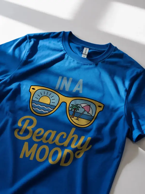 Royal blue of beachy mood t-shirt – beach scene shirt with palm trees and sun design