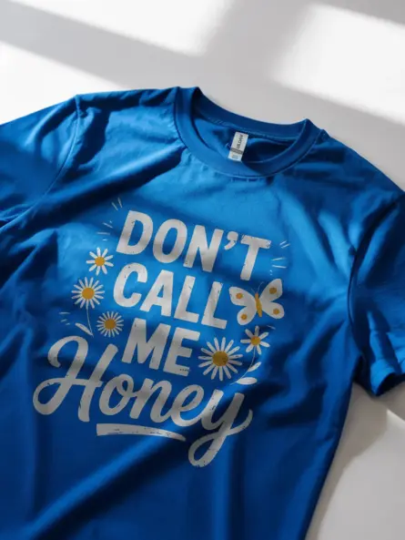 Royal blue lifestyle feminist don't call me honey t shirt walking outdoors