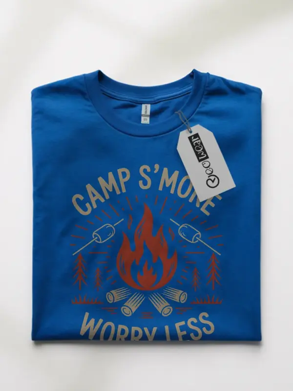 Royal blue front view camp s'more worry less t shirt nostalgic design