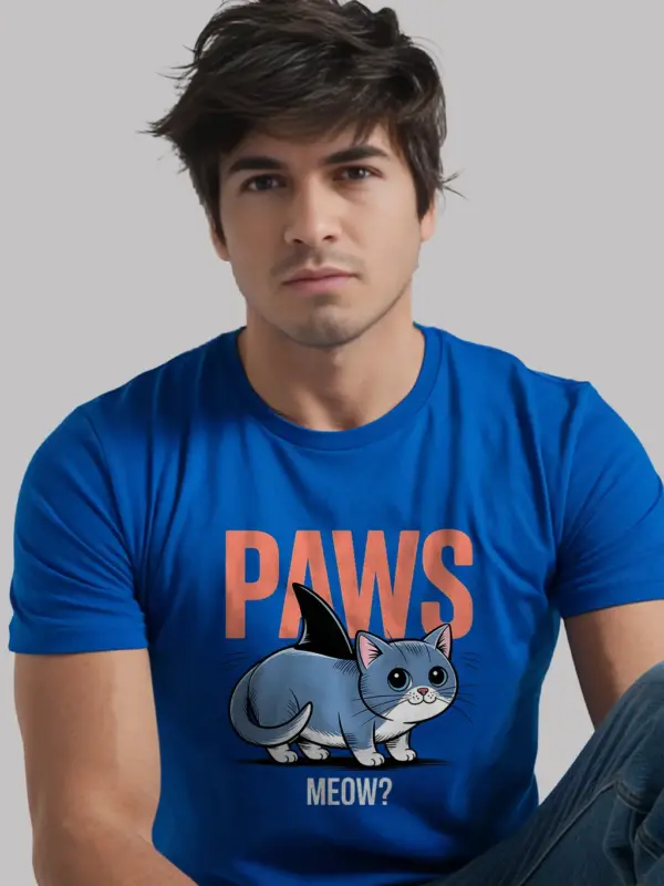 royal blue front view funny cat shark t-shirt cute cat shark fin tee for cat lovers