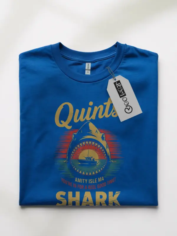 Royal Blue front view Quint's Shark Fishing Charters vintage shark fishing t-shirt