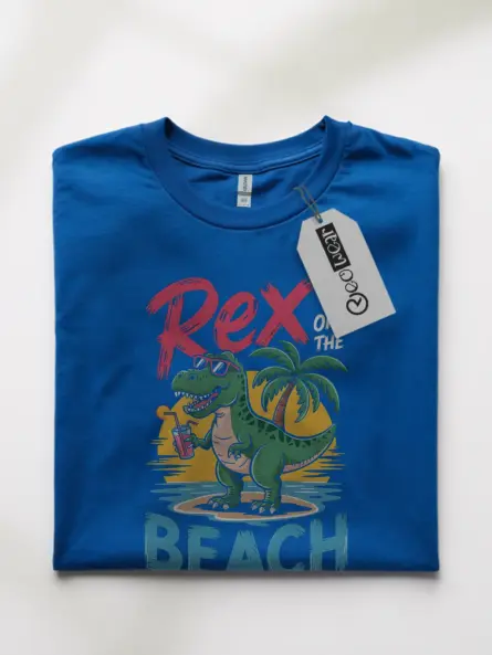 Royal blue front view rex on the beach funny dinosaur beach t-shirt