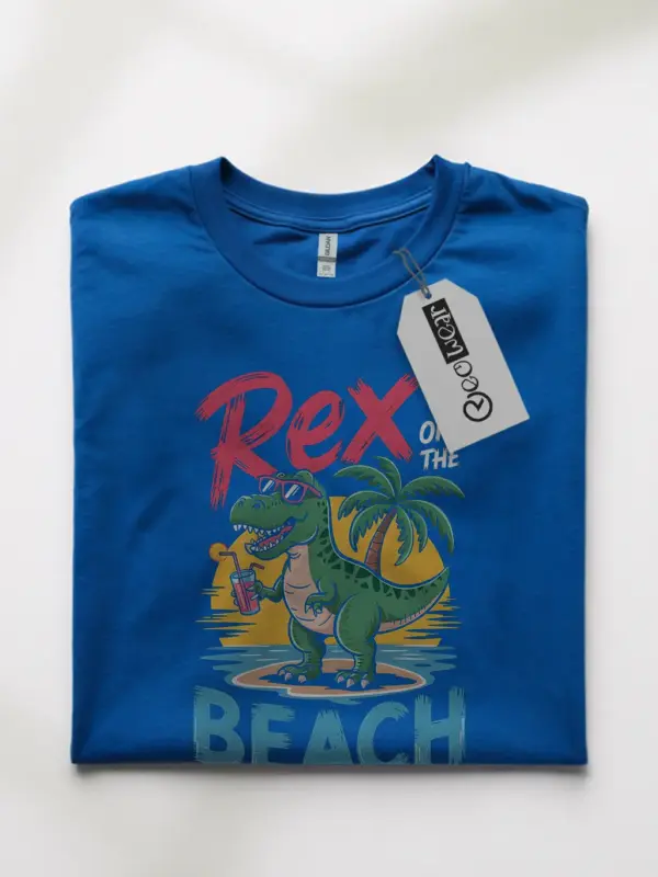 Royal blue front view rex on the beach funny dinosaur beach t-shirt