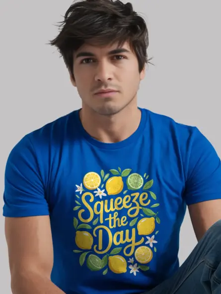 Royal Blue front view Squeeze The Day citrus summer graphic t-shirt