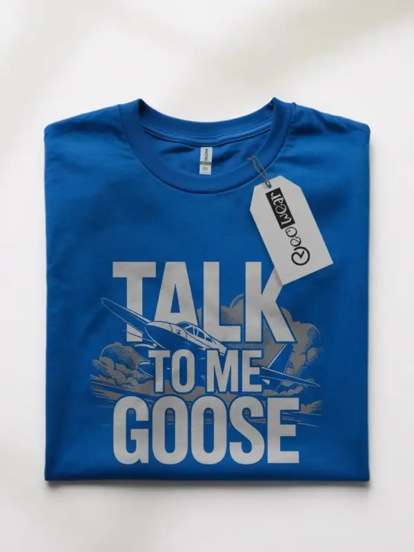 Royal Blue Talk to Me Goose aviation t-shirt retro flight t-shirt front view