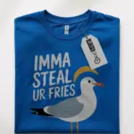 Royal blue front view funny seagull t-shirt humorous coastal lifestyle tee