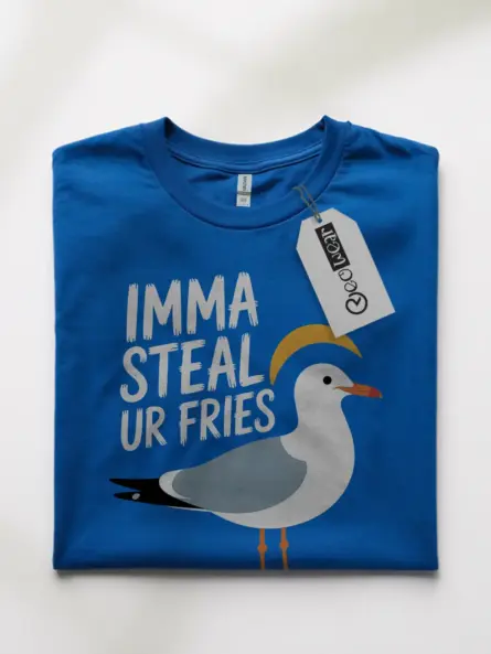 Royal blue front view funny seagull t-shirt humorous coastal lifestyle tee