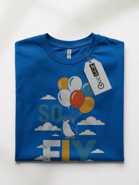 Royal Blue So Fly Penguin Graphic Tee front – black penguin shirt with balloons design