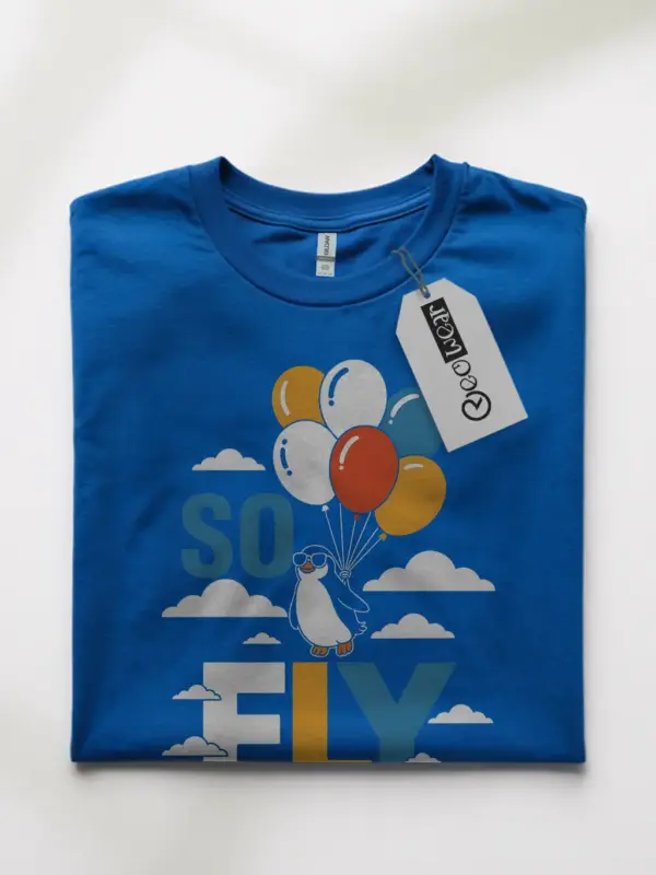 Royal Blue So Fly Penguin Graphic Tee front – black penguin shirt with balloons design
