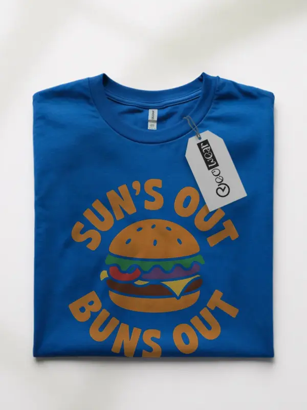 Royal Blue Sun's Out Buns Out Burger Tee front – where to buy sun's out buns out shirt