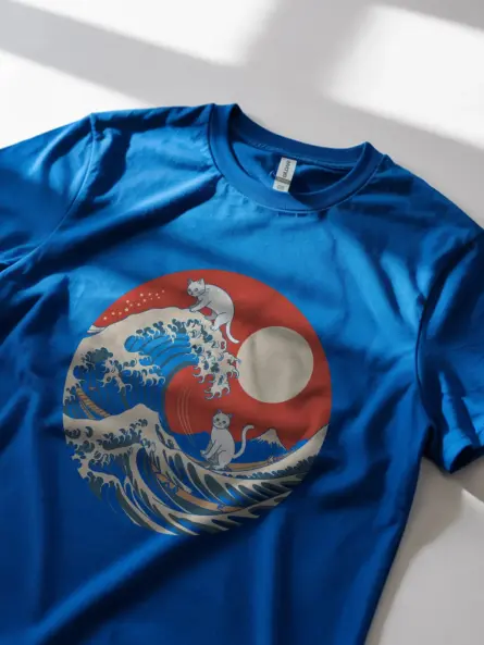 Royal Blue great wave cat t-shirt japanese wave parody t-shirt