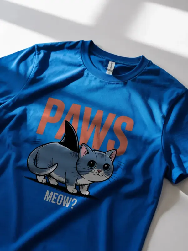 royal blue lifestyle view funny cat shark t-shirt quirky animal graphic tee