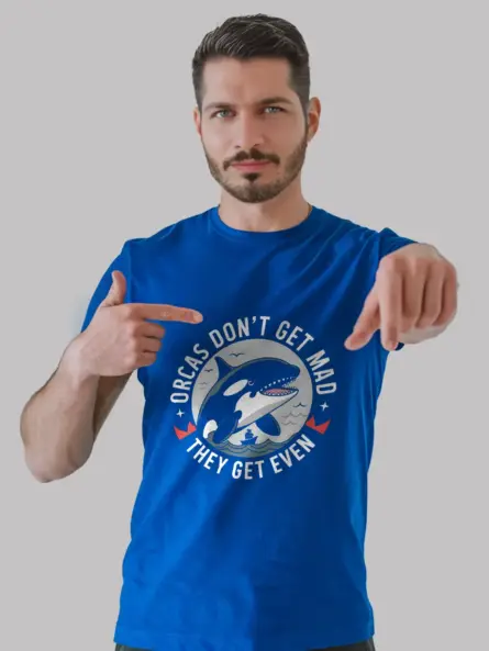 Navy back view orcas don’t get mad funny orca whale t-shirt