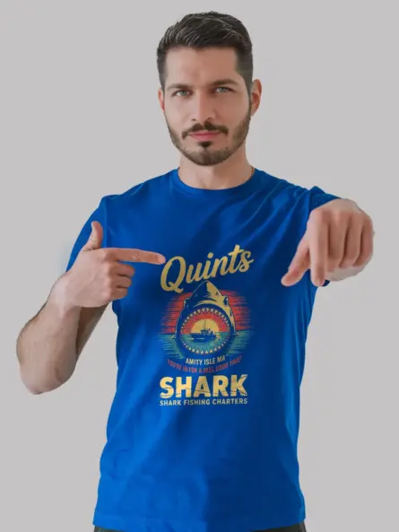 Royal Blue lifestyle shot Quint's Shark Fishing Charters vintage shark fishing t-shirt