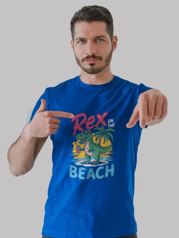 Royal blue rex on the beach funny dinosaur beach t-shirt