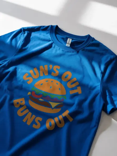 Royal Blue Sun's Out Buns Out Burger Tee lifestyle – gag gift for foodies