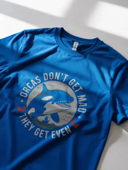Navy front view orcas don’t get mad funny orca whale t-shirt
