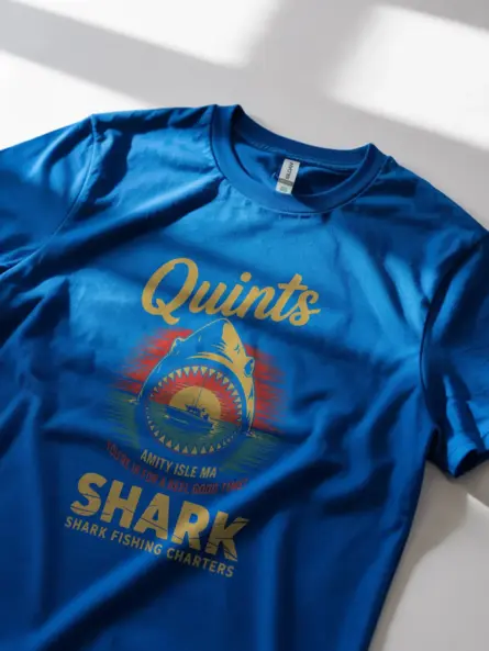 Royal Blue back view Quint's Shark Fishing Charters vintage shark fishing t-shirt