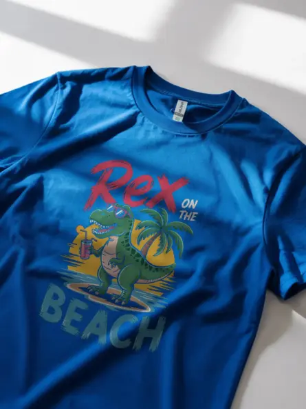 Royal blue lifestyle shot rex on the beach funny dinosaur beach t-shirt