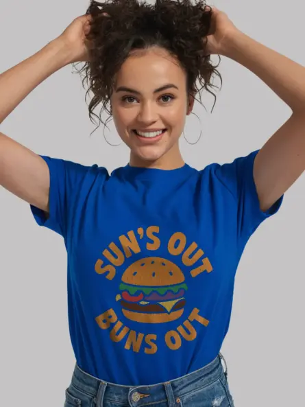 Royal Blue Sun's Out Buns Out Burger Tee – food humor apparel