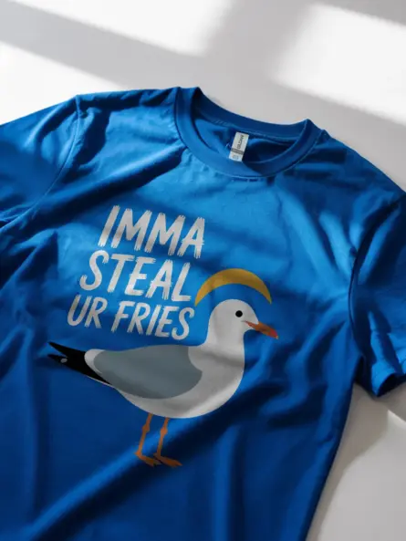 Royal blue lifestyle view funny seagull t-shirt buy seagull fries shirt online