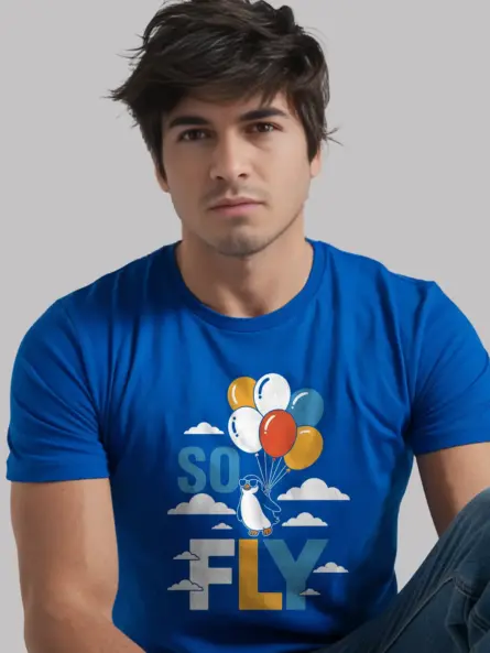 Royal Blue So Fly Penguin Graphic Tee lifestyle – funny bird-themed t-shirt