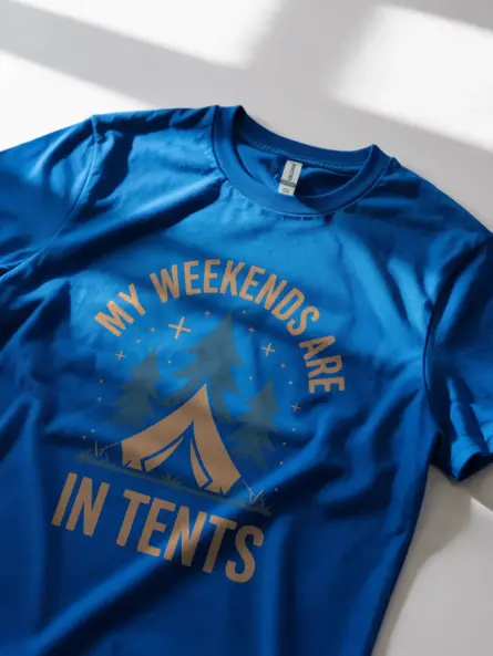 royal blue lifestyle view weekend camping pun t-shirt camping enthusiast tee with tent graphic
