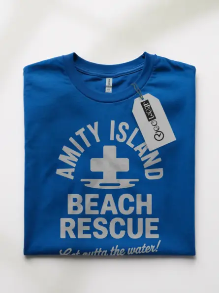 Royal blue amity island beach rescue retro tee displaying vintage medical emergency theme design