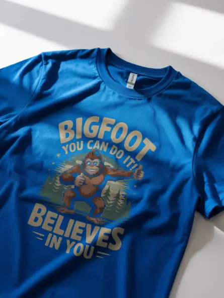 Royal Blue Bigfoot motivational t-shirt retro forest design side view