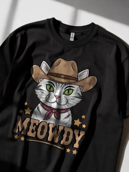Serengeti white cat meowdy shirt in black – cowboy cat lover tee