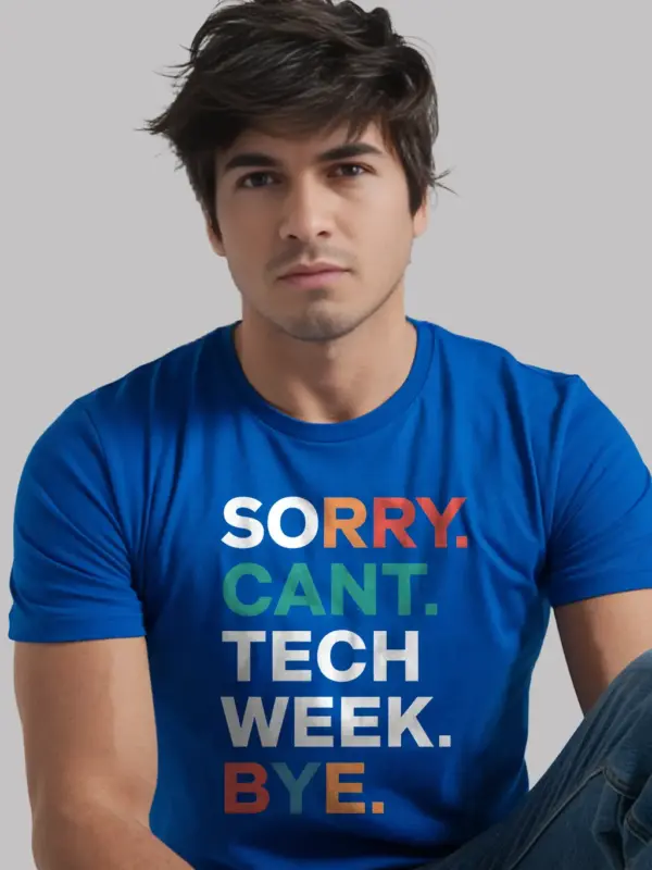 Royal blue sorry can't tech week bye shirt – theatre teacher tee
