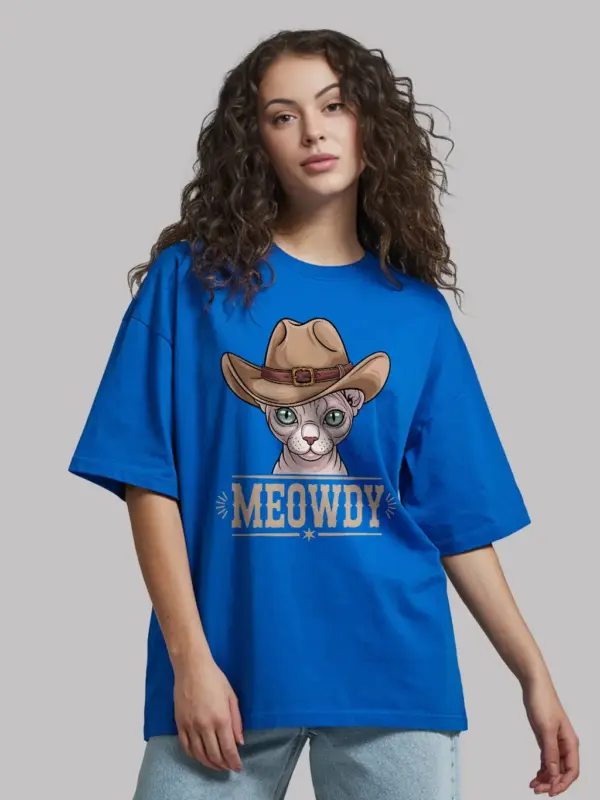 Royal blue sphynx cat meowdy shirt – western texas meme tee