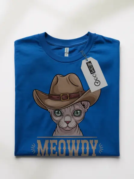 Royal blue sphynx cat meowdy shirt – western texas meme tee