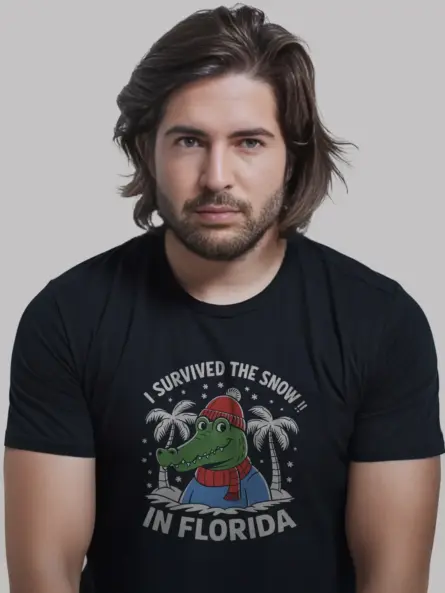 Survived the snow in florida shirt in black – funny alligator tee