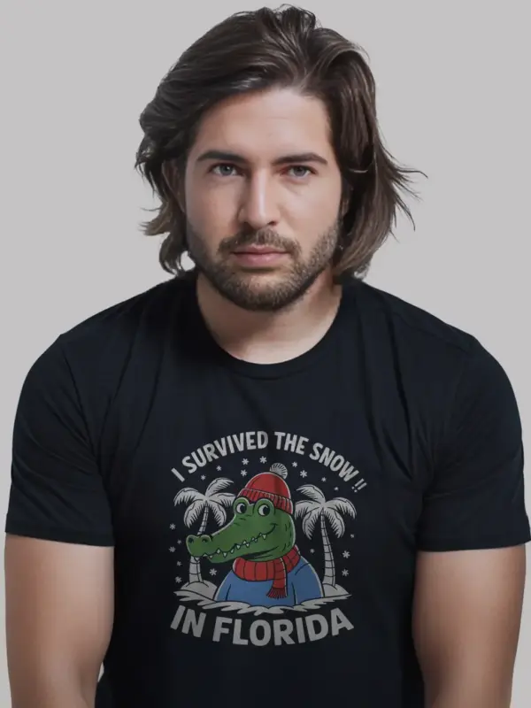 Survived the snow in florida shirt in black – funny alligator tee