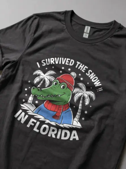 Dark heather survived the snow in florida shirt – humorous alligator tee