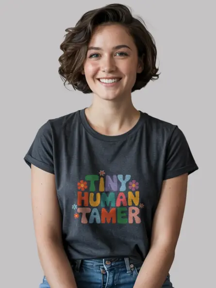 Dark heather tiny human tamer shirt – daycare worker shirt