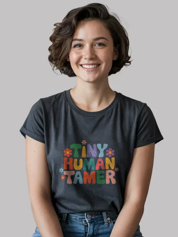 Dark heather tiny human tamer shirt – daycare worker shirt