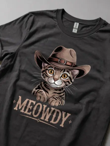 Dark heather toyger cat meowdy shirt – cute cowboy cat t-shirt