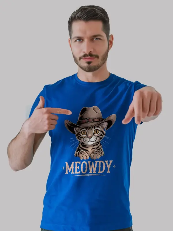 Royal blue toyger cat meowdy shirt – western texas meme tee