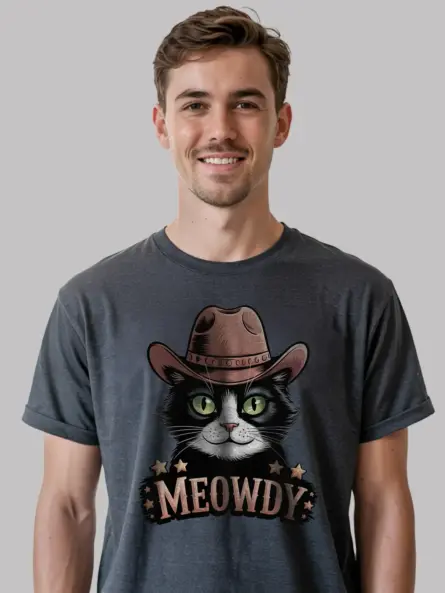 Dark heather tuxedo cat meowdy shirt – cute cowboy cat t-shirt