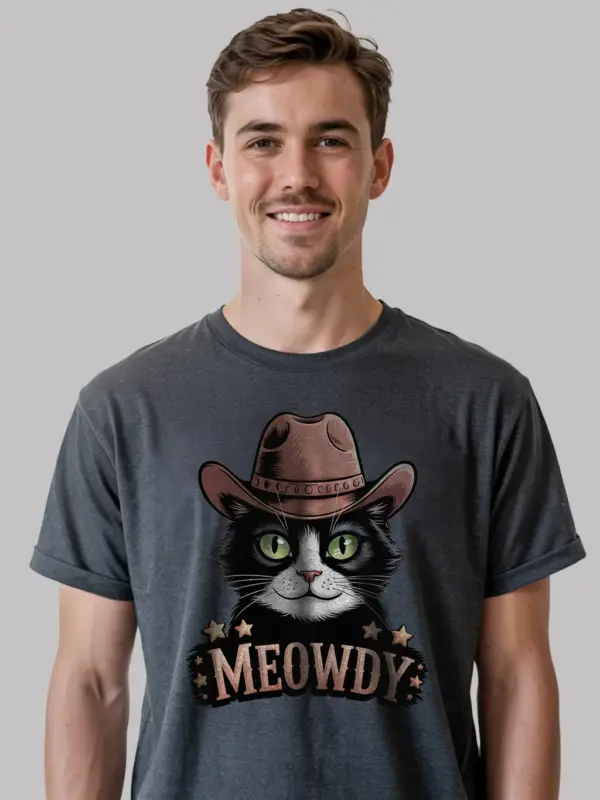 Dark heather tuxedo cat meowdy shirt – cute cowboy cat t-shirt
