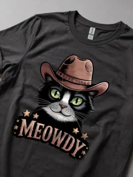 Dark heather tuxedo cat meowdy shirt – cute cowboy cat t-shirt
