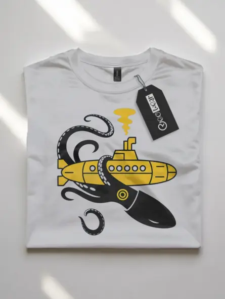 white flatlay front view squid sub battle nautical squid submarine t-shirt