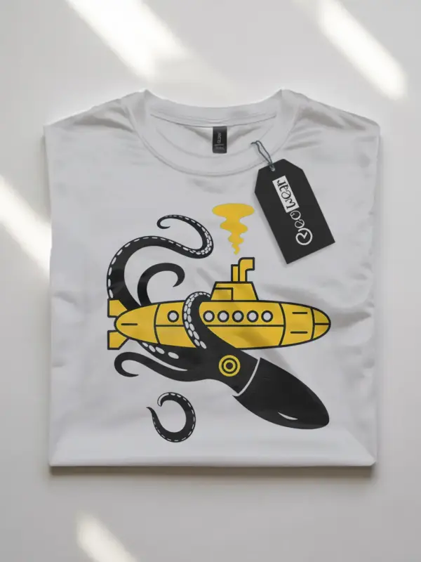 white flatlay front view squid sub battle nautical squid submarine t-shirt