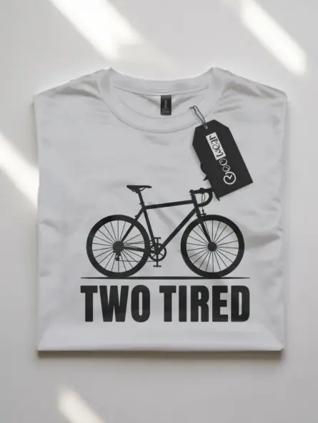 white flatlay front view two tired funny cycling pun t-shirt