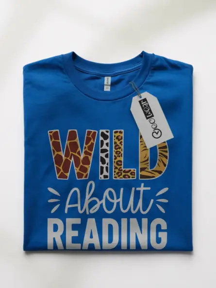 Royal blue wild about reading shirt – bookworm t-shirt