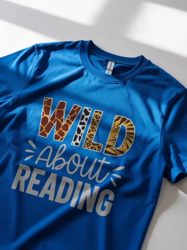 Royal blue wild about reading shirt – bookworm t-shirt