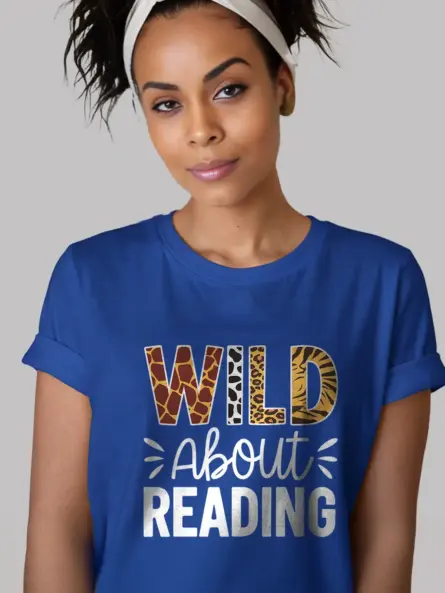 Royal blue wild about reading shirt – bookworm t-shirt